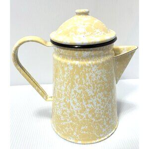 Vintage Yellow White Graniteware Teapot /Coffee Pot Enamelware Farmhouse Decor